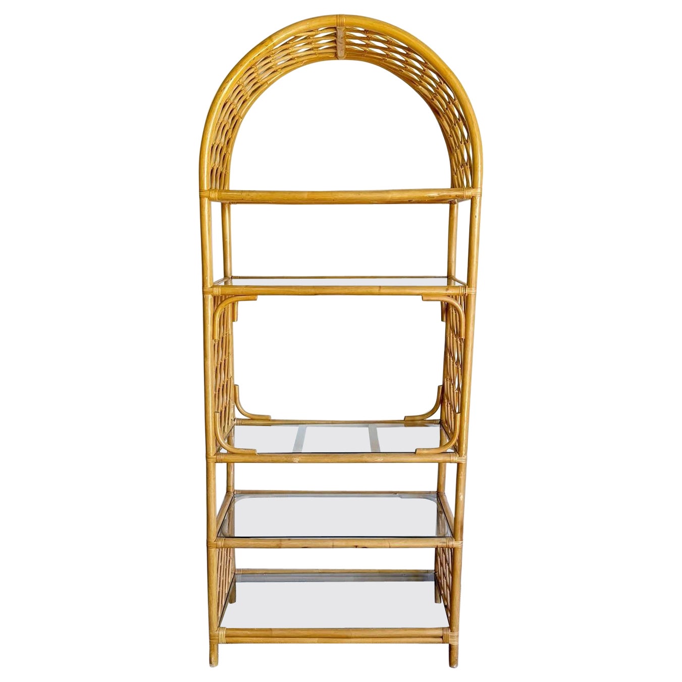 Boho Chic Arched Bamboo Rattan Etagere - 5 Shelves For Sale