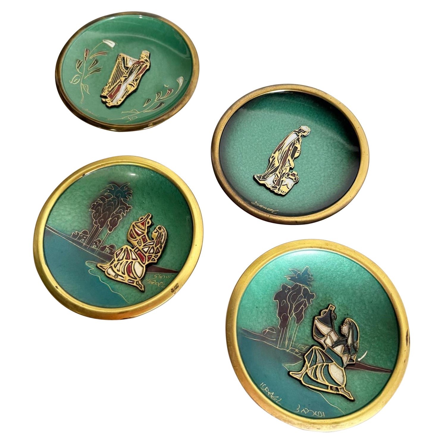 Vintage Hand Painted Green and Brass Israeli Decorative Plates - Set of 4 For Sale