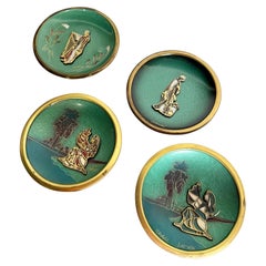 Vintage Hand Painted Green and Brass Israeli Decorative Plates - Set of 4