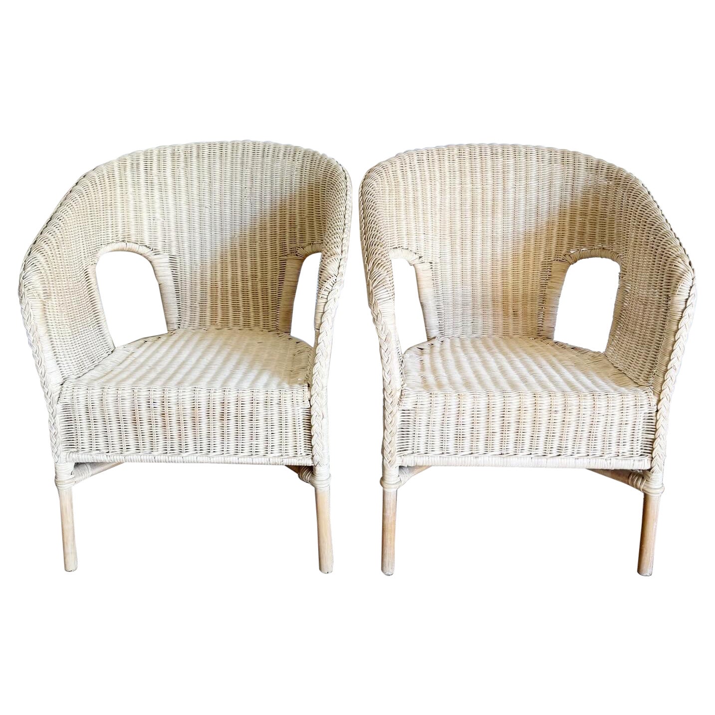 Boho Chic White Washed Wicker and Rattan Lounge Chairs - a Pair