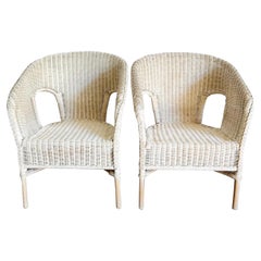 Used Boho Chic White Washed Wicker and Rattan Lounge Chairs - a Pair