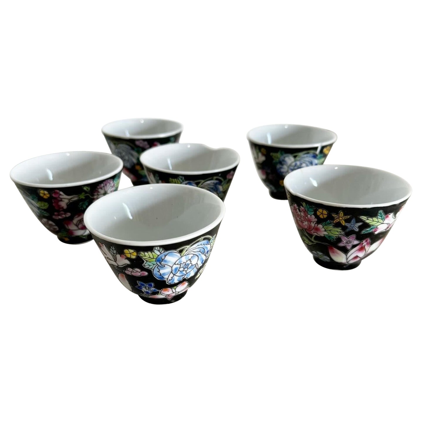 Vintage Chinese Hand Painted Porcelain Tea Cups - Set of 6 For Sale