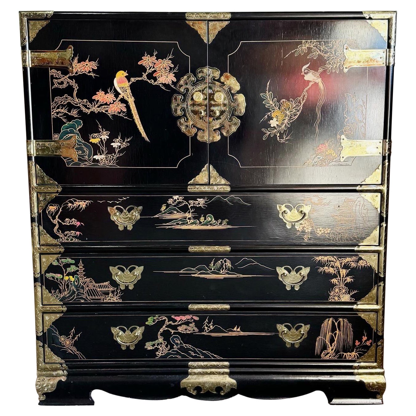Chinese Black and Gold and Hand Painted Armoire/Chest of Drawers