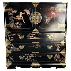 Retro Chinese Black and Gold and Hand Painted Armoire/Chest of Drawers