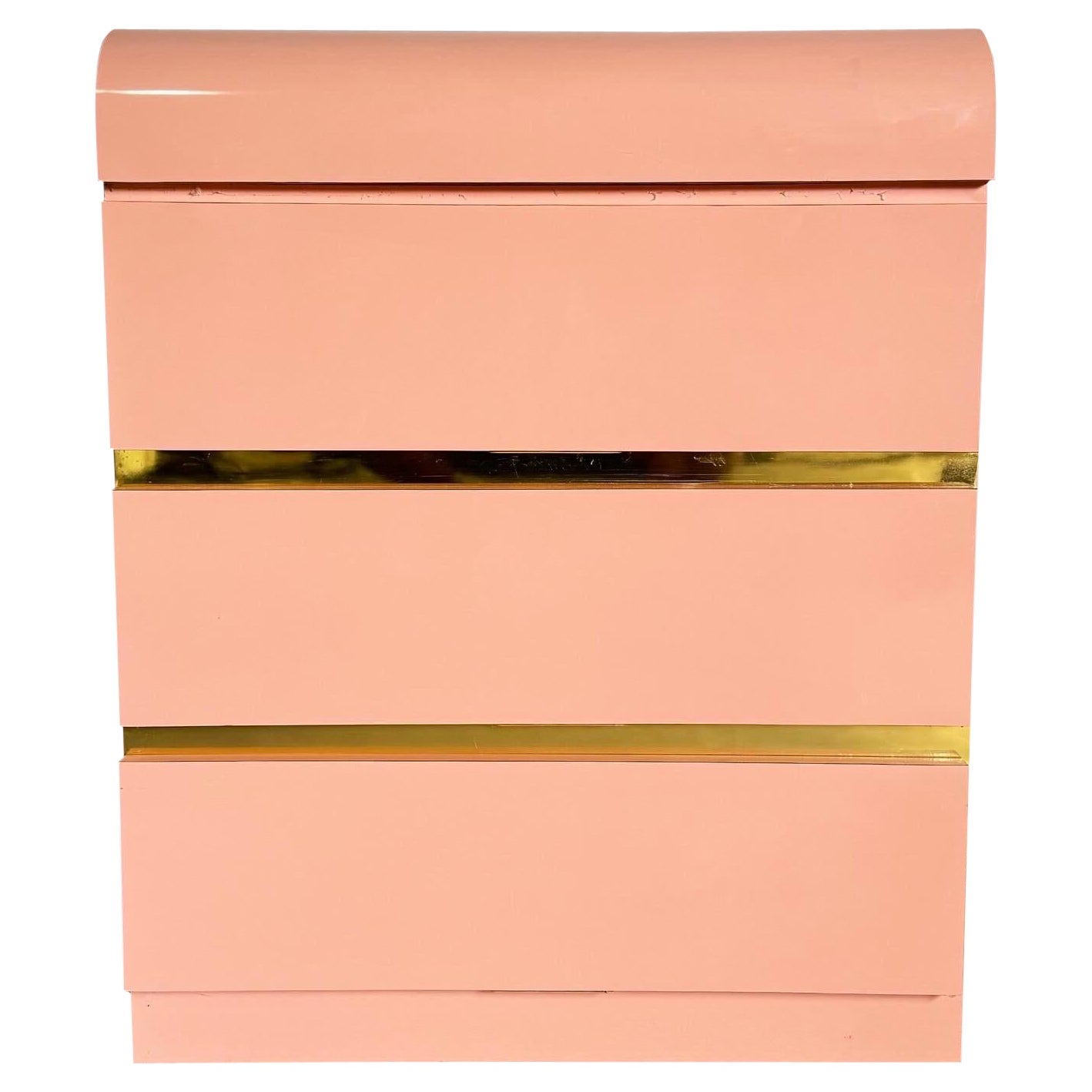 Postmodern Pink Lacquer Laminate and Gold Waterfall Nightstand/Commode For Sale
