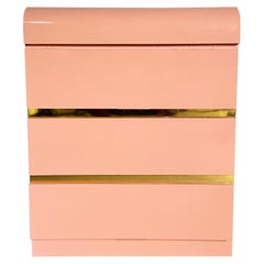 Retro Postmodern Pink Lacquer Laminate and Gold Waterfall Nightstand/Commode