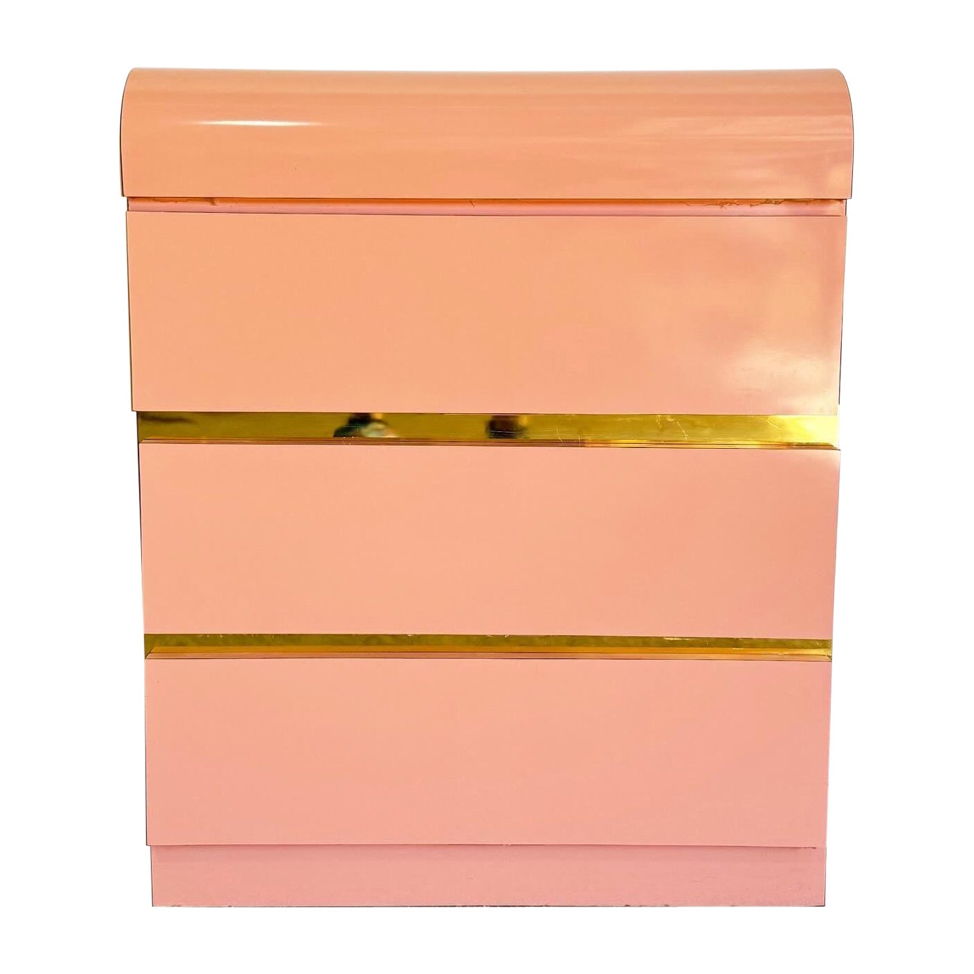 Postmodern Pink Lacquer Laminate and Gold Waterfall Nightstand For Sale