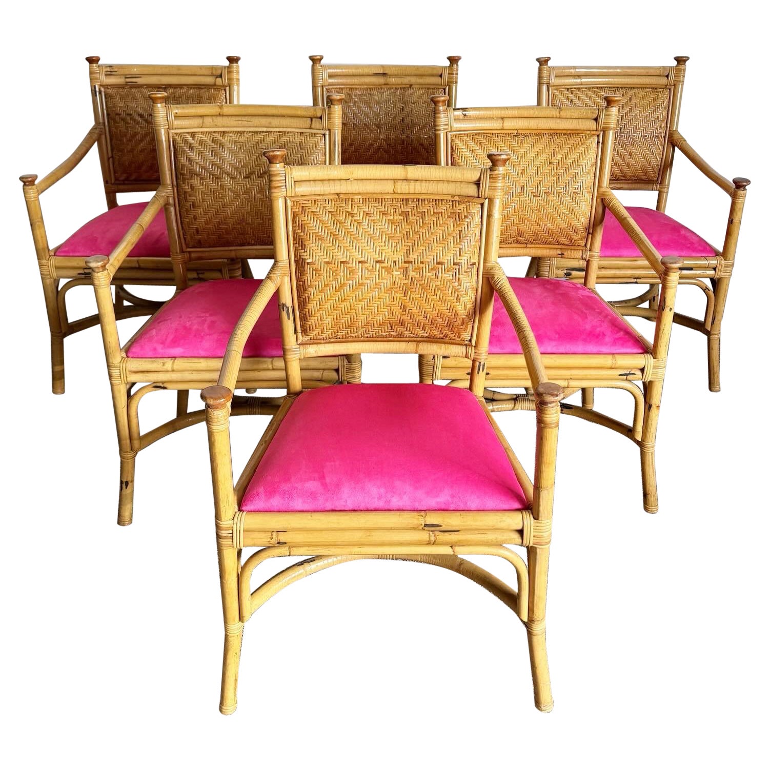Boho Chic Wicker Rattan Bamboo Dining Arm Chairs With Hot Pink Cushions For Sale