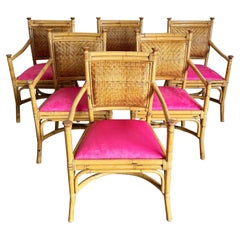 Retro Boho Chic Wicker Rattan Bamboo Dining Arm Chairs With Hot Pink Cushions