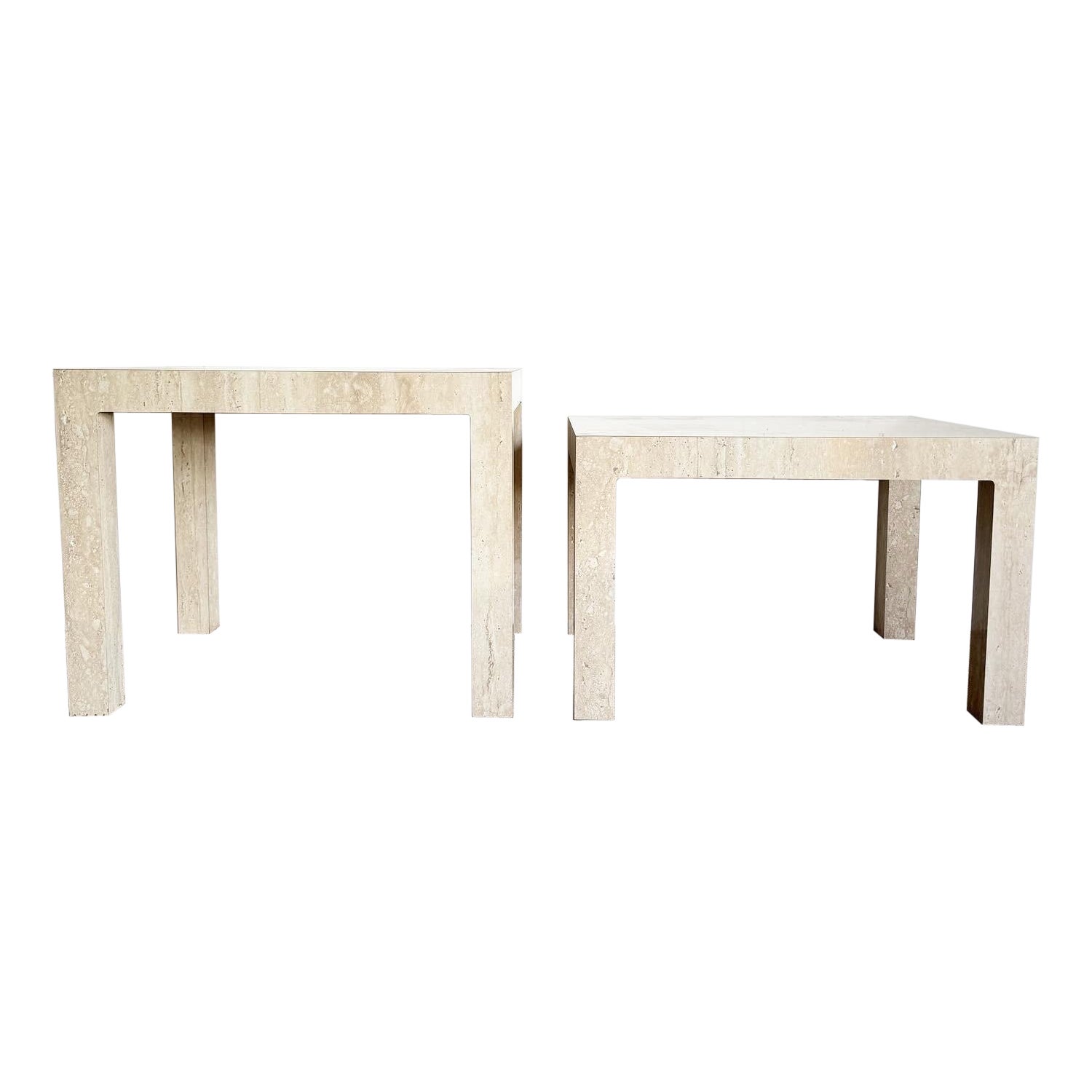Postmodern Faux Travertine Laminate Parsons Side Tables - a Pair For Sale