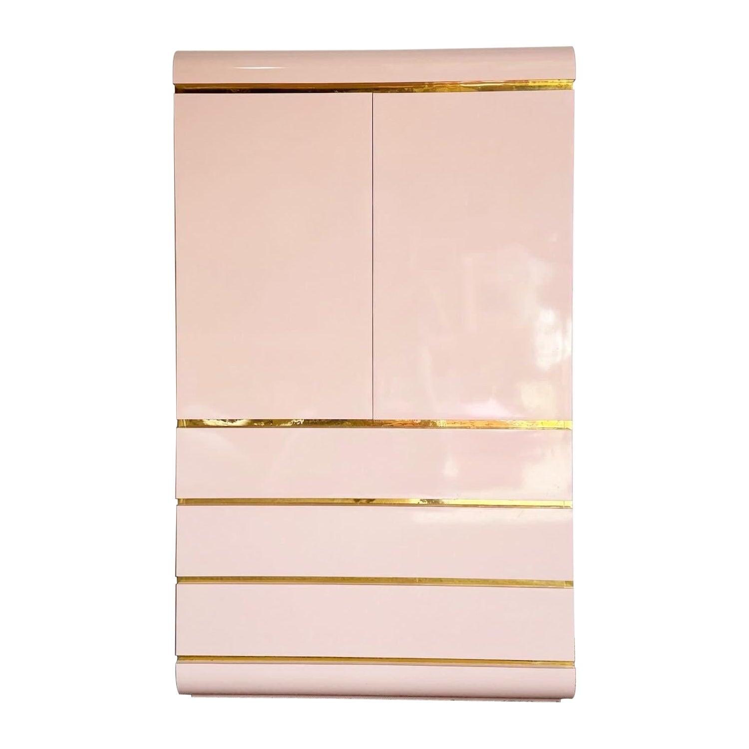 Postmodern Pick Lacquer Laminate Waterfall Armoire With Gold Accents For Sale