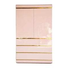 Vintage Postmodern Pick Lacquer Laminate Waterfall Armoire With Gold Accents