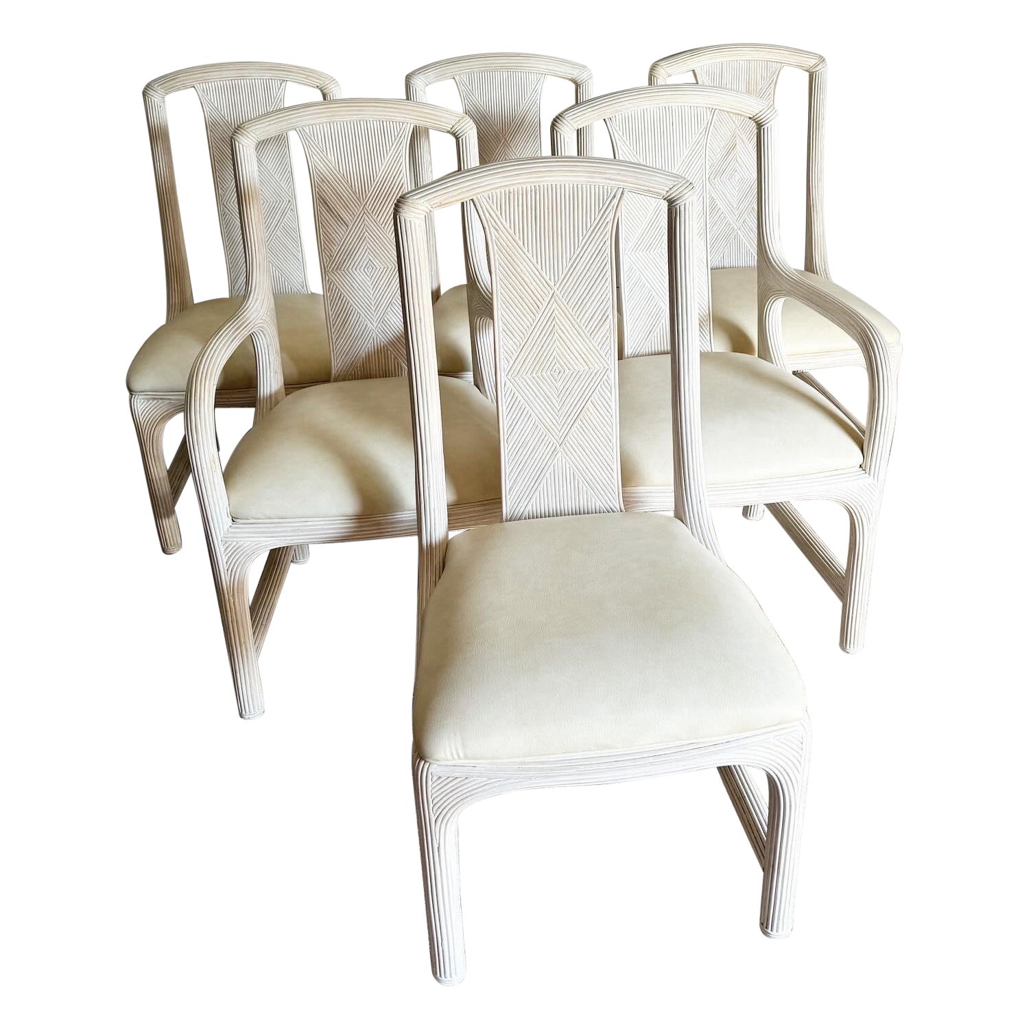 Boho Chic Pencil Reed Dining Chairs With Faux Leather Seat Cushions - Set of 6 For Sale