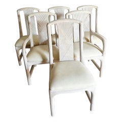 Used Boho Chic Pencil Reed Dining Chairs With Faux Leather Seat Cushions - Set of 6