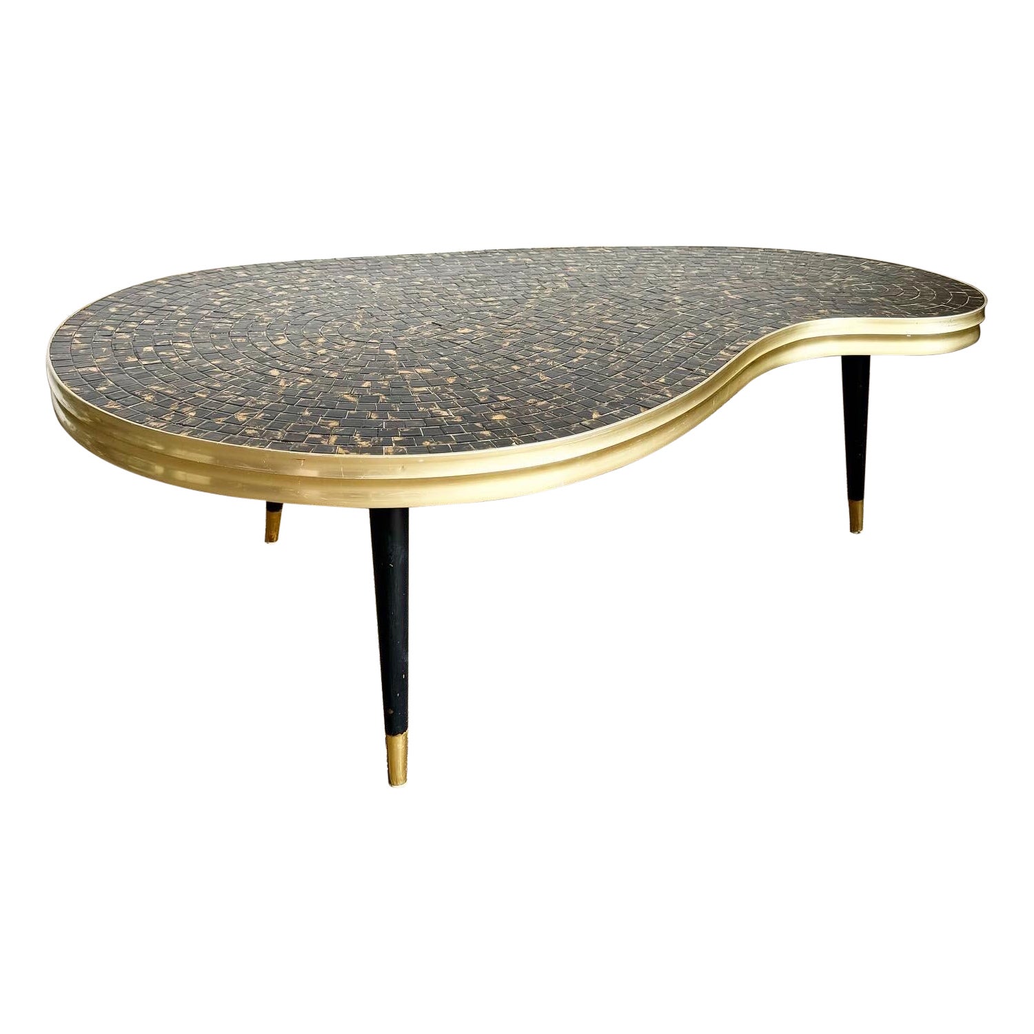 Mid Century Modern Mosaic Top, Gold and Black Kidney Coffee Table For Sale