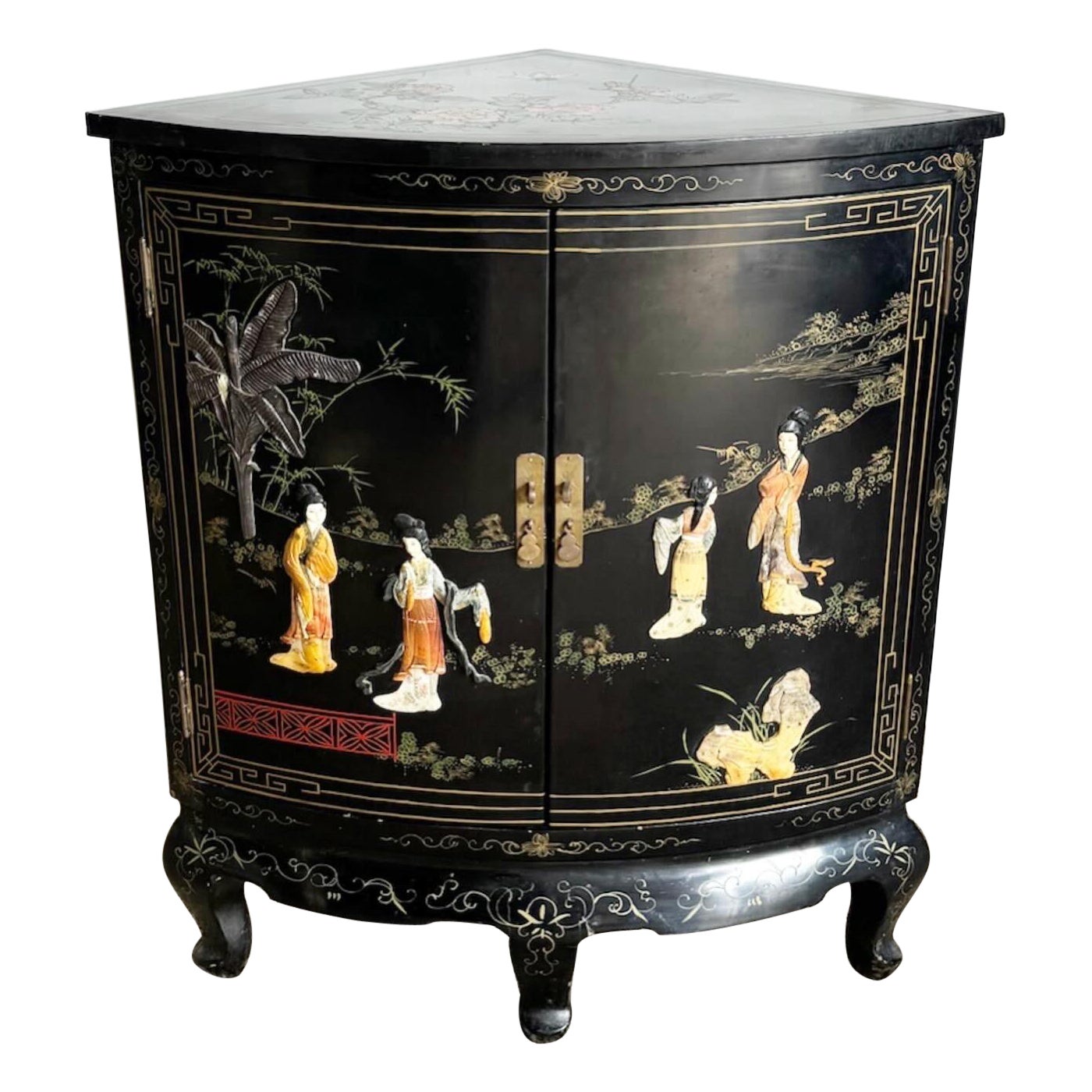 Chinese Black Lacquered and Hand Laminated Demi Lune Cabinet/Side Table For Sale