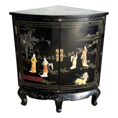 Vintage Chinese Black Lacquered and Hand Laminated Demi Lune Cabinet/Side Table