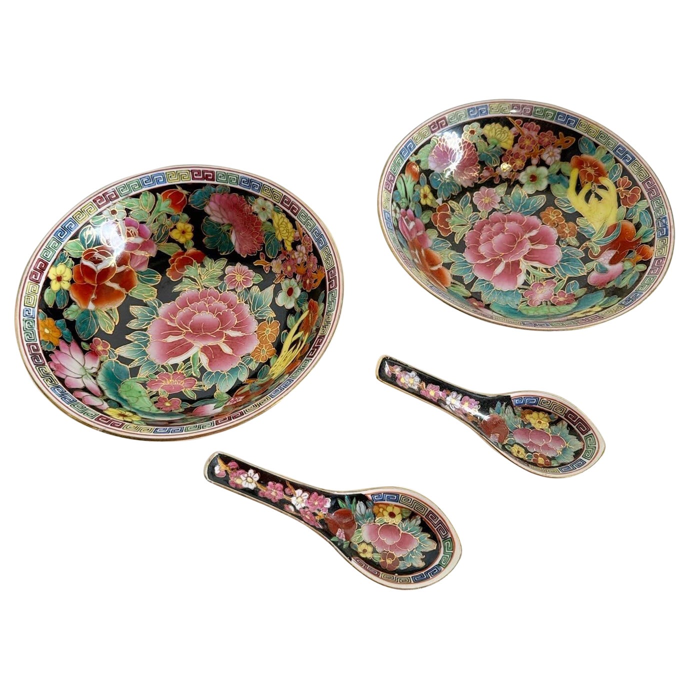 Chinese Hand Painted Porcelain Bowls With Matching Spoons - Service for 2 For Sale