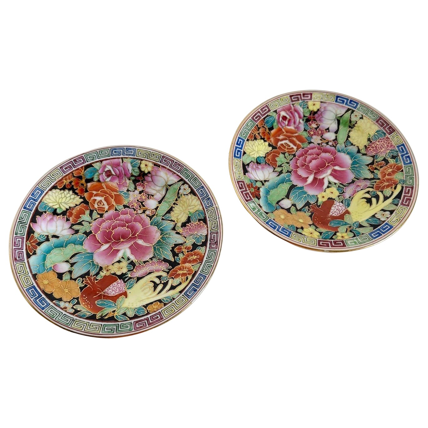 Vintage Chinese Hand Painted Porcelain Plates - a Pair For Sale