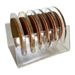 Mid Century Modern Lucite and Cork Coasters With Holder - Set of 6