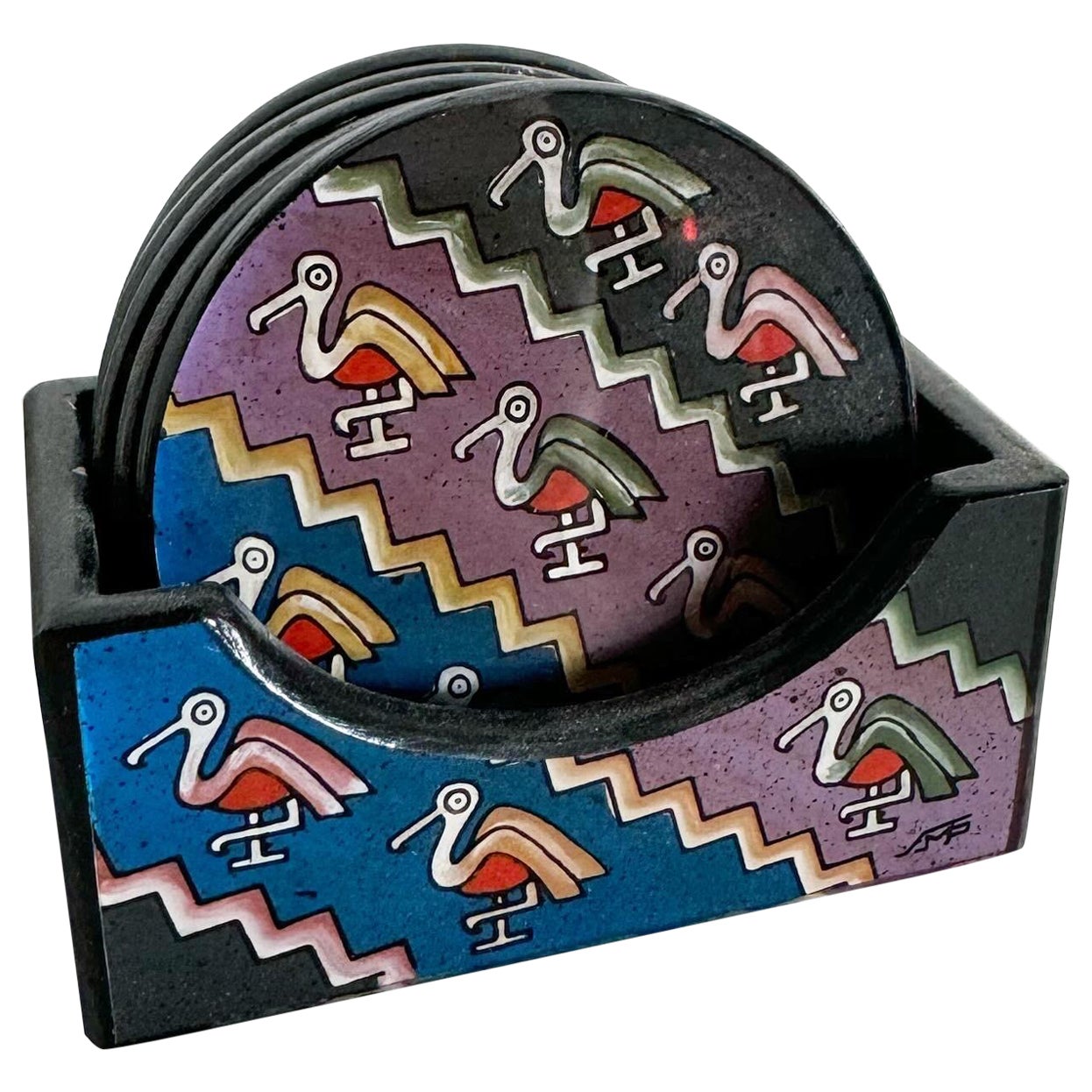 Hand Painted Peruvian Coasters With Holder - Set of 5 For Sale