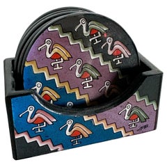 Retro Hand Painted Peruvian Coasters With Holder - Set of 5