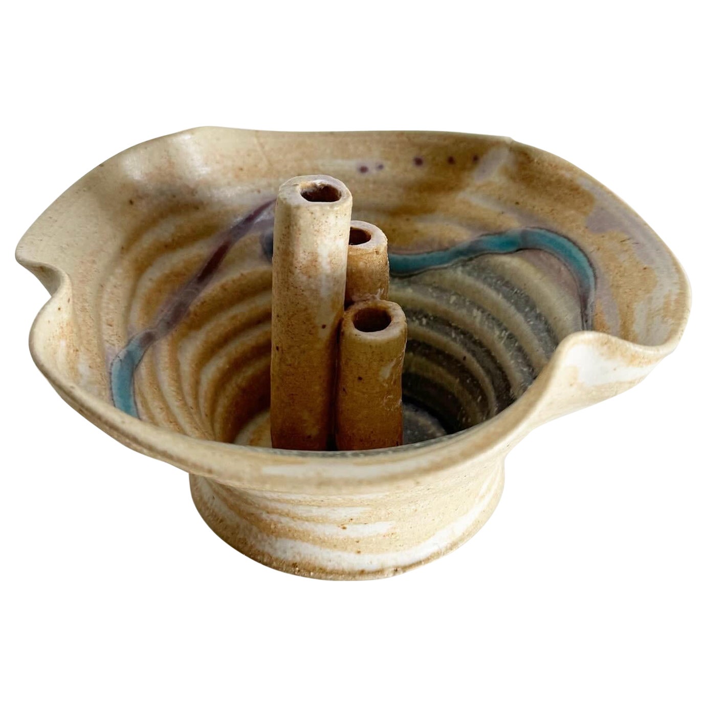 Hand Made Blue and Purple Ikebana Style Pottery 3 Stem Vase/Bowl