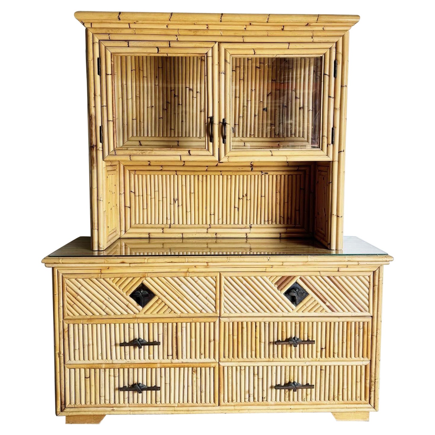 Boho Chic Bamboo and Pencil Reed Credenza With Hut Hutch/Etagere/Caninet For Sale