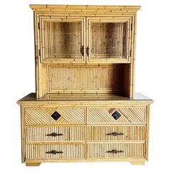 Boho Chic Bamboo and Pencil Reed Credenza With Hut Hutch/Etagere/Caninet