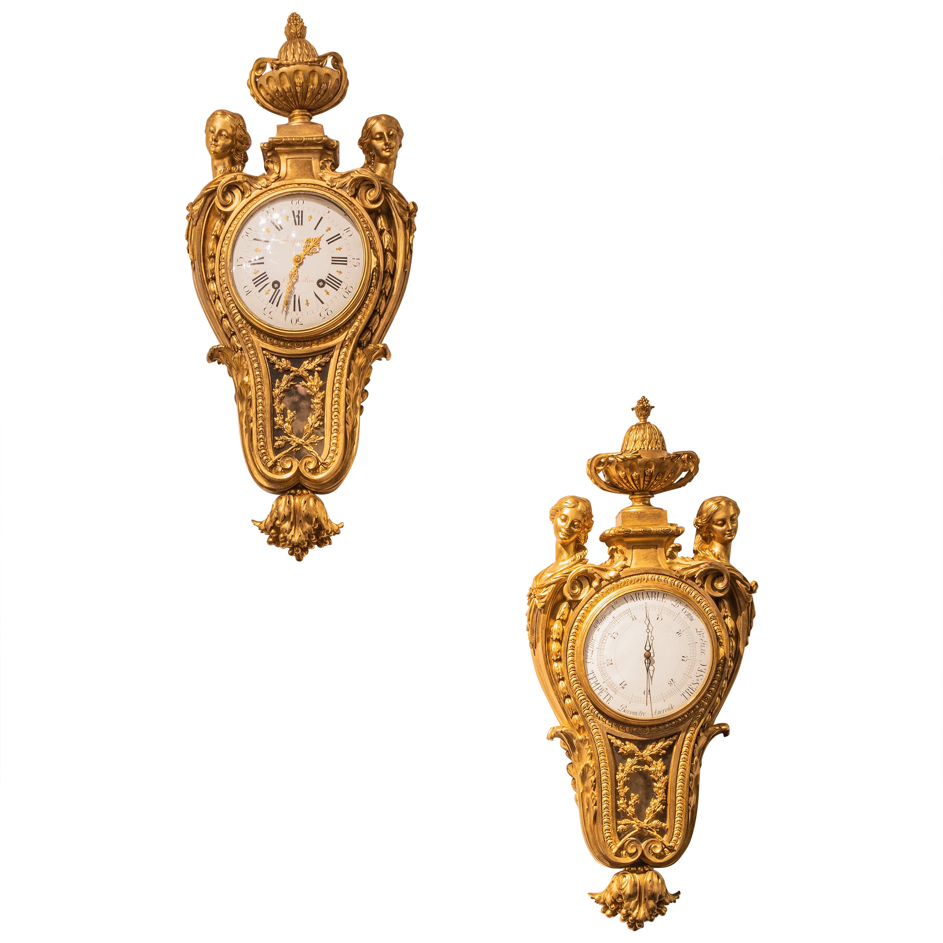 A rare large pair of 19th c French gilt bronze clock and Barometer by Lepine For Sale