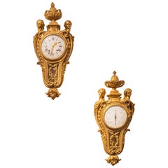 Antique A rare large pair of 19th c French gilt bronze clock and Barometer by Lepine