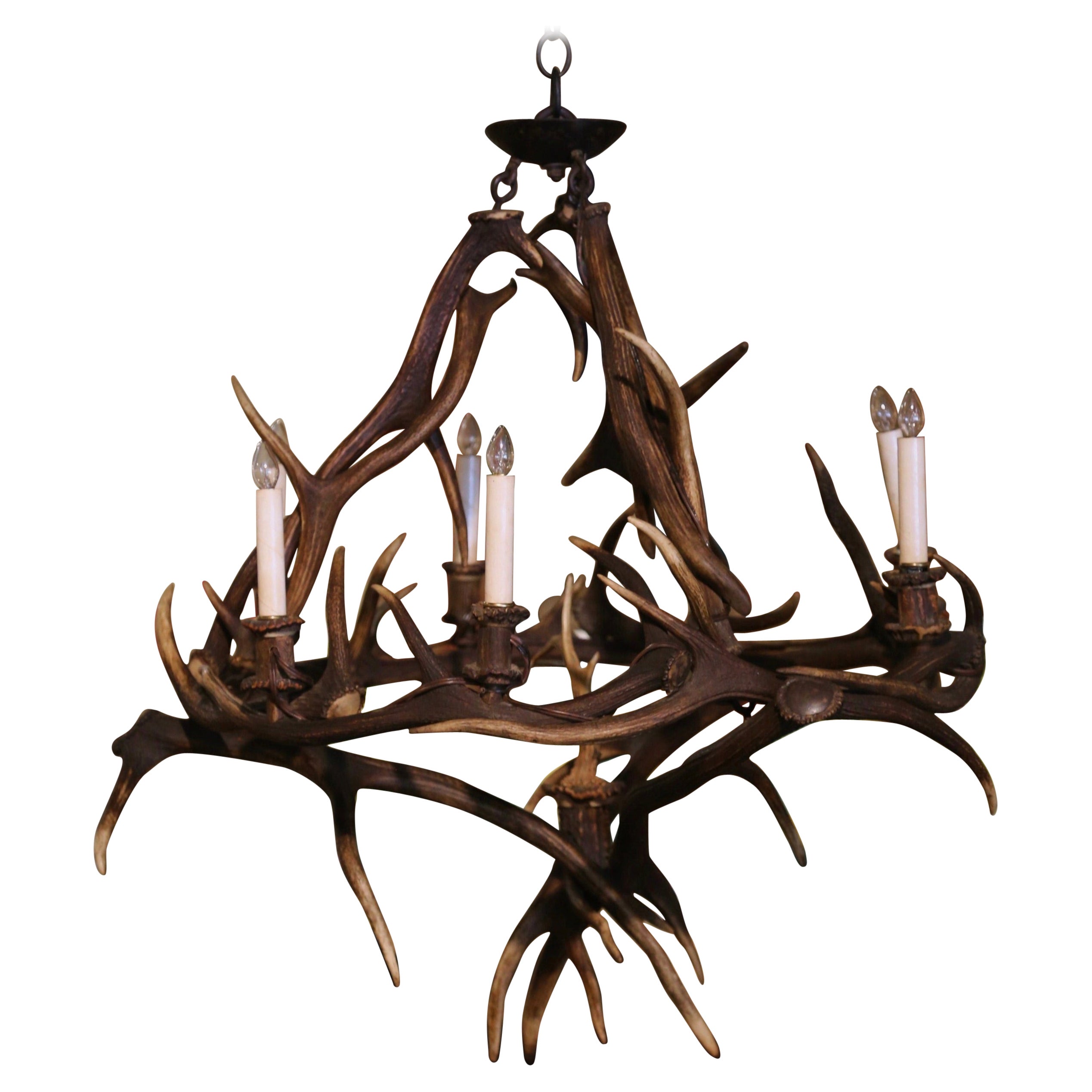 Early 20th Century French  Six-Light Deer Antler Horn Chandelier For Sale