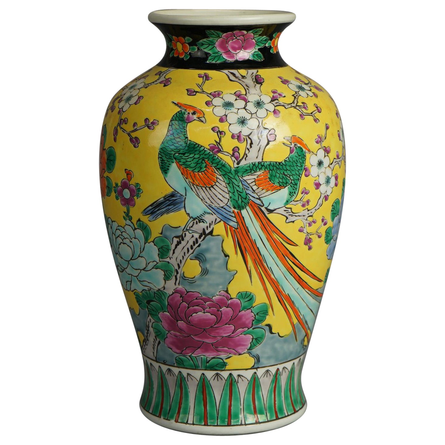 Antique Japanese Porcelain Enameled Vase, Garden &Scene Pheasant C1910