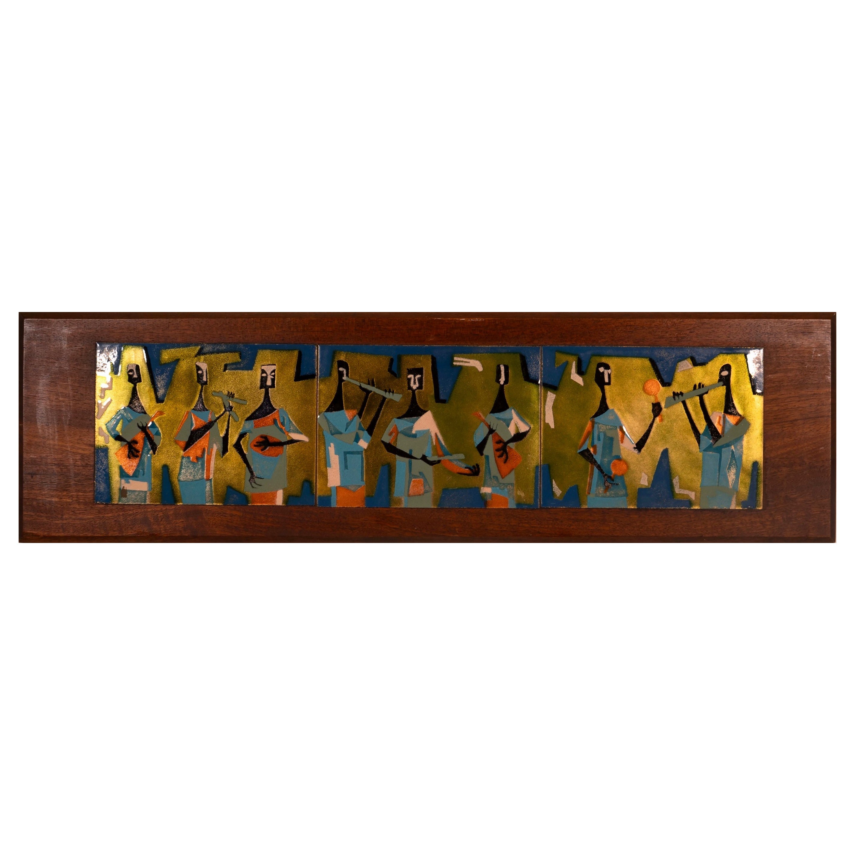 Judith Danner Mid Century Modern Musicians Enamel Over Copper Wall Art on Walnut