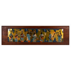 Judith Danner Mid-Century Modern Musiker Emaille-Wandkunst über Kupfer auf Nussbaum, Wandkunst