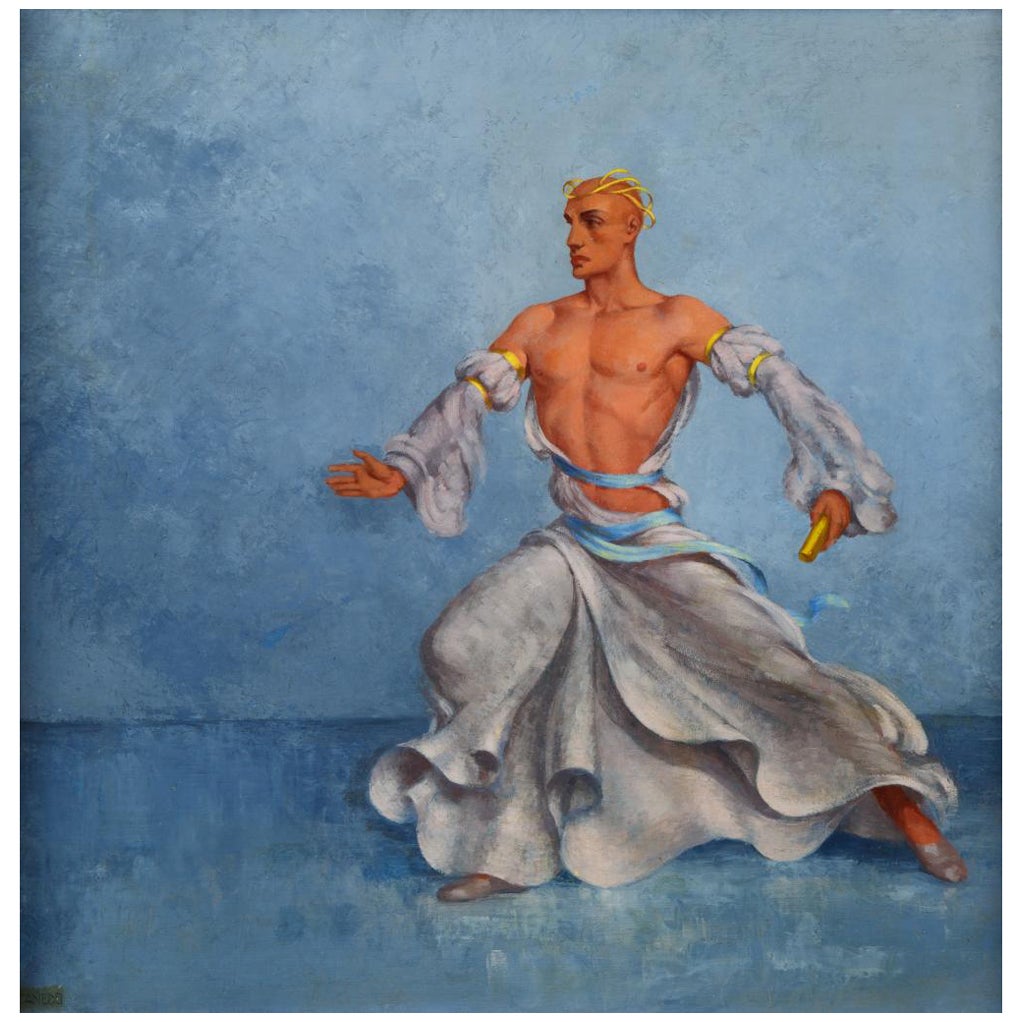 Alexander C.C., Homme qui danse, peinture surréaliste à l'huile, vers 1950.
