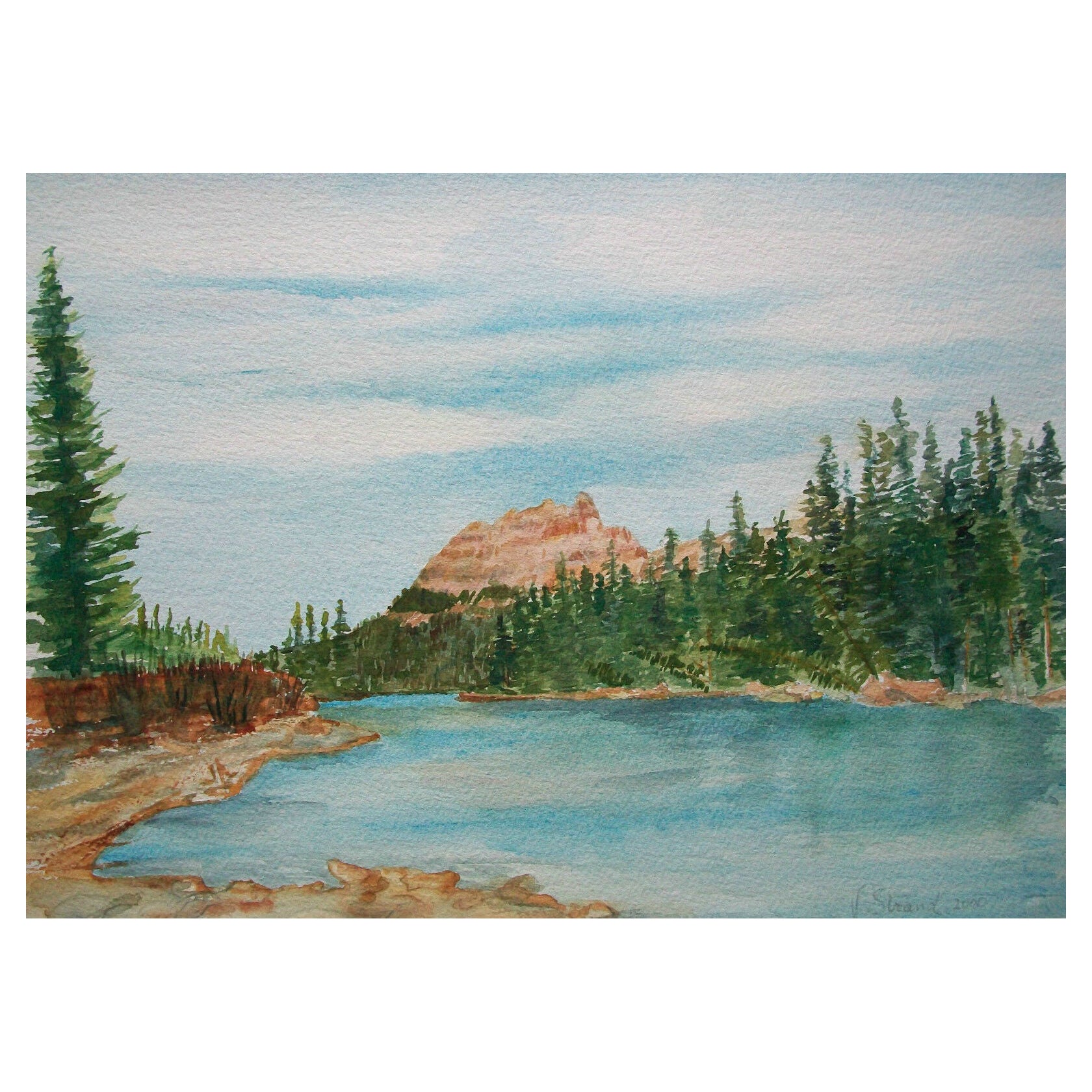 VELLA STRAND – „Castle Mountain & Bow River“ – kanadisches Aquarell – ca. 2000 im Angebot