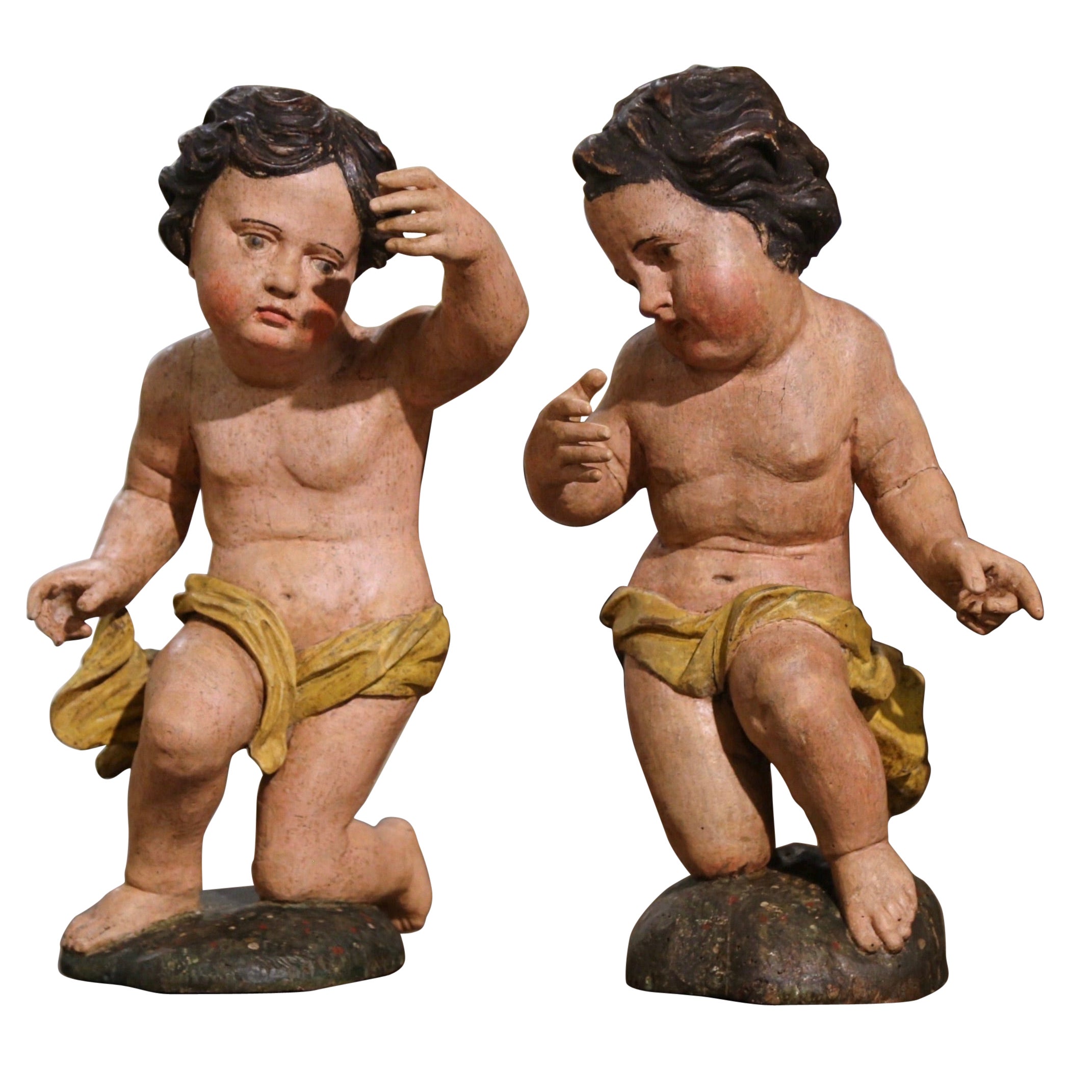 Pair of 18th Century Italian Carved Giltwood Polychrome Cherub Sculptures For Sale
