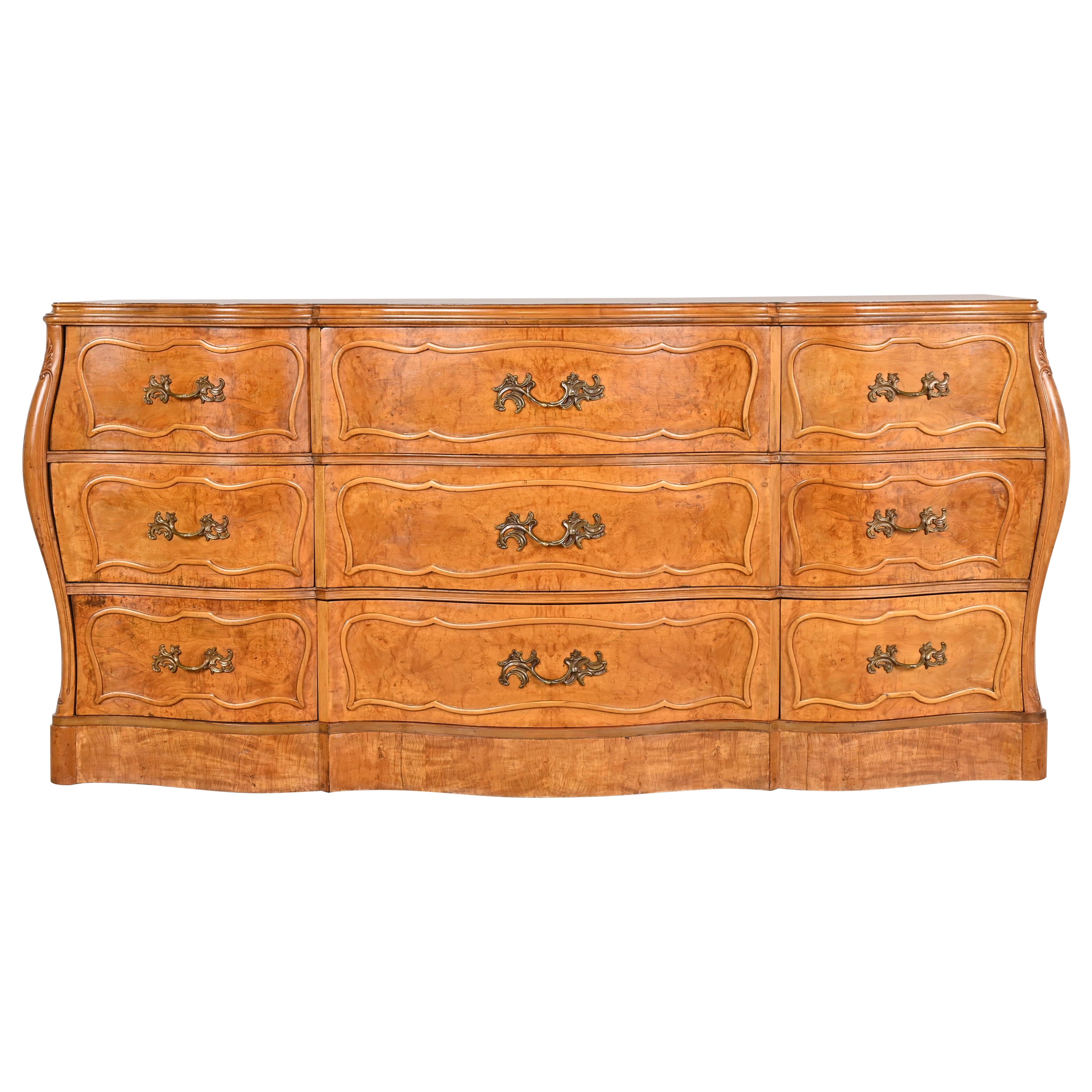 Romweber French Provincial Louis XV Bombay Form Burl Wood Dresser, Circa 1940s For Sale