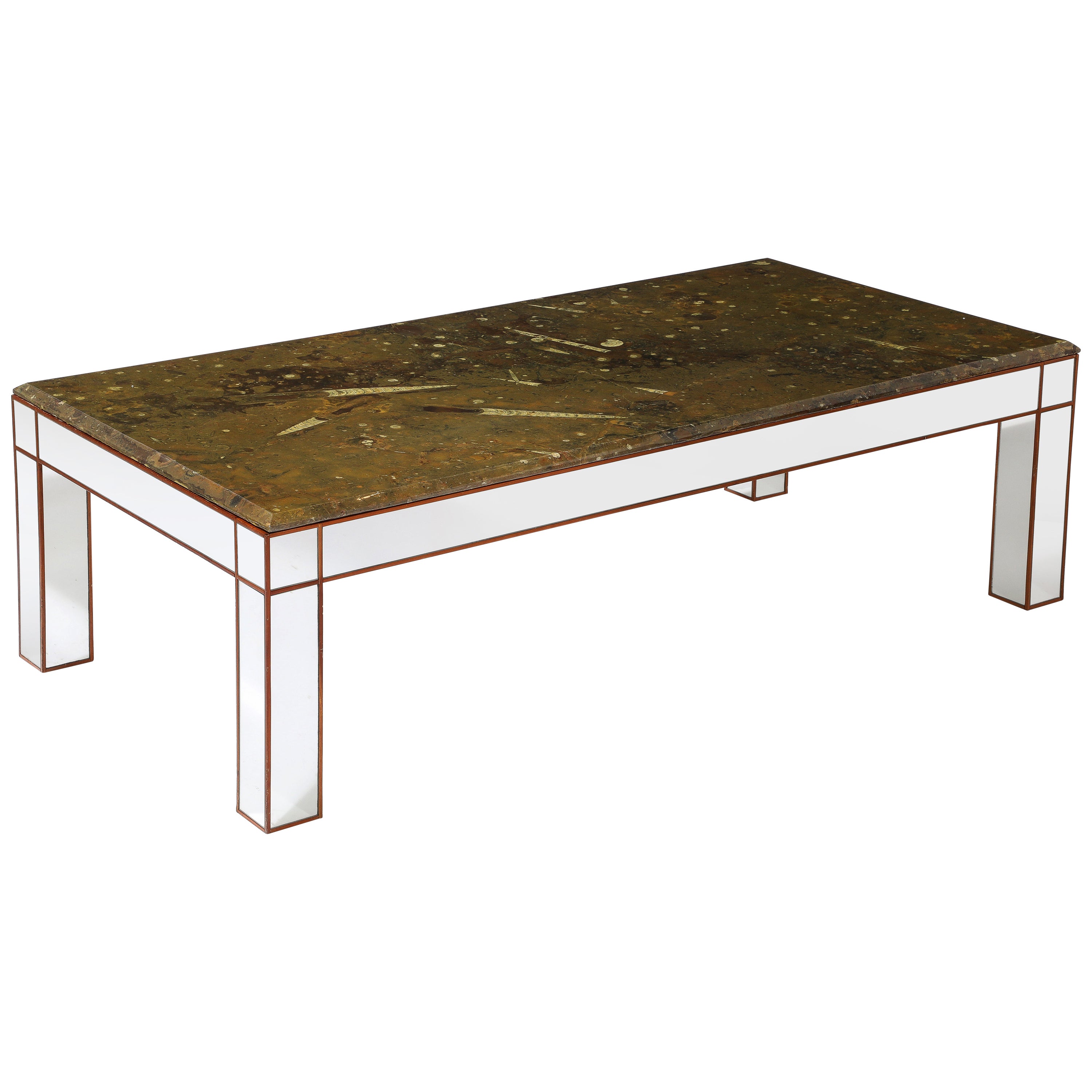 Italian Fossilized Marble and Mirrored Cocktail Table, circa 1950  For Sale