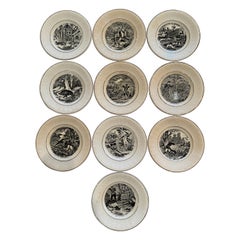 19th Century French Napoleon III Black and White Hunt Scenes Plates, Set of 10