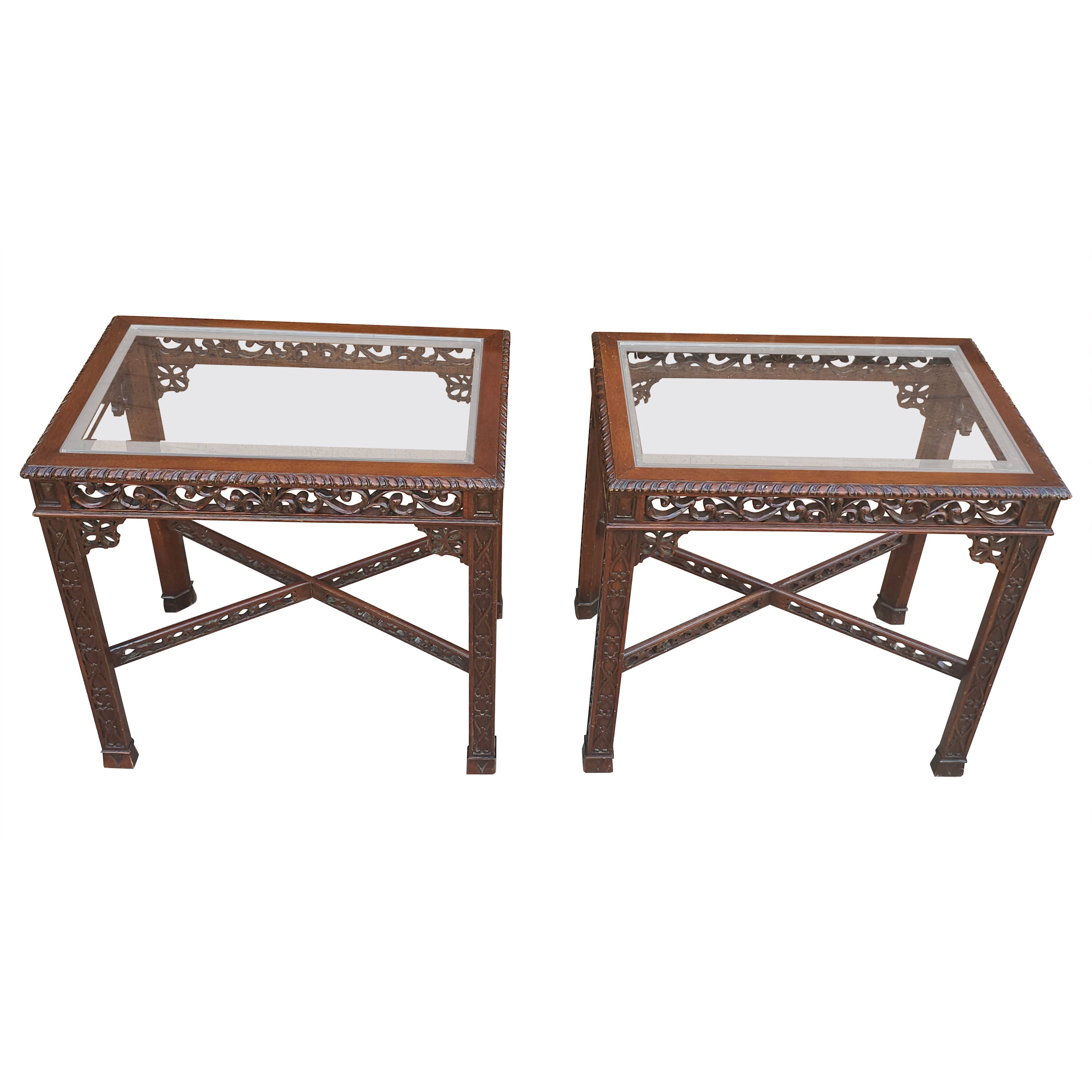 Pair Of Chinese Chippendale Style Fretwork and Glass Inset Mahogany Side Tables For Sale