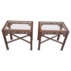 Vintage Pair Of Chinese Chippendale Style Fretwork and Glass Inset Mahogany Side Tables