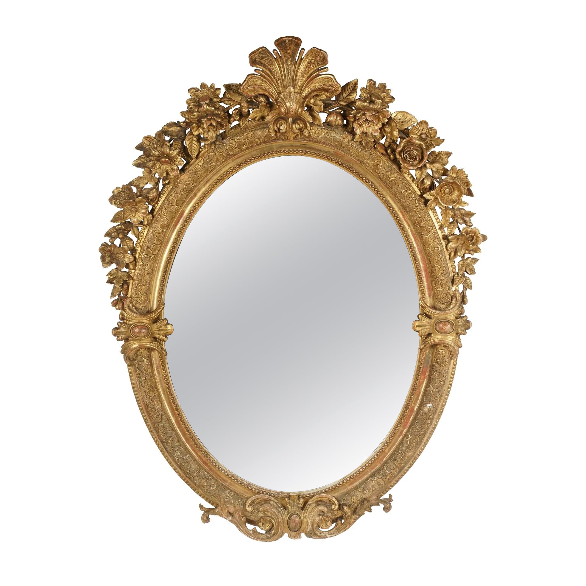 French 19thc  Giltwood Oval Wall Mirror For Sale