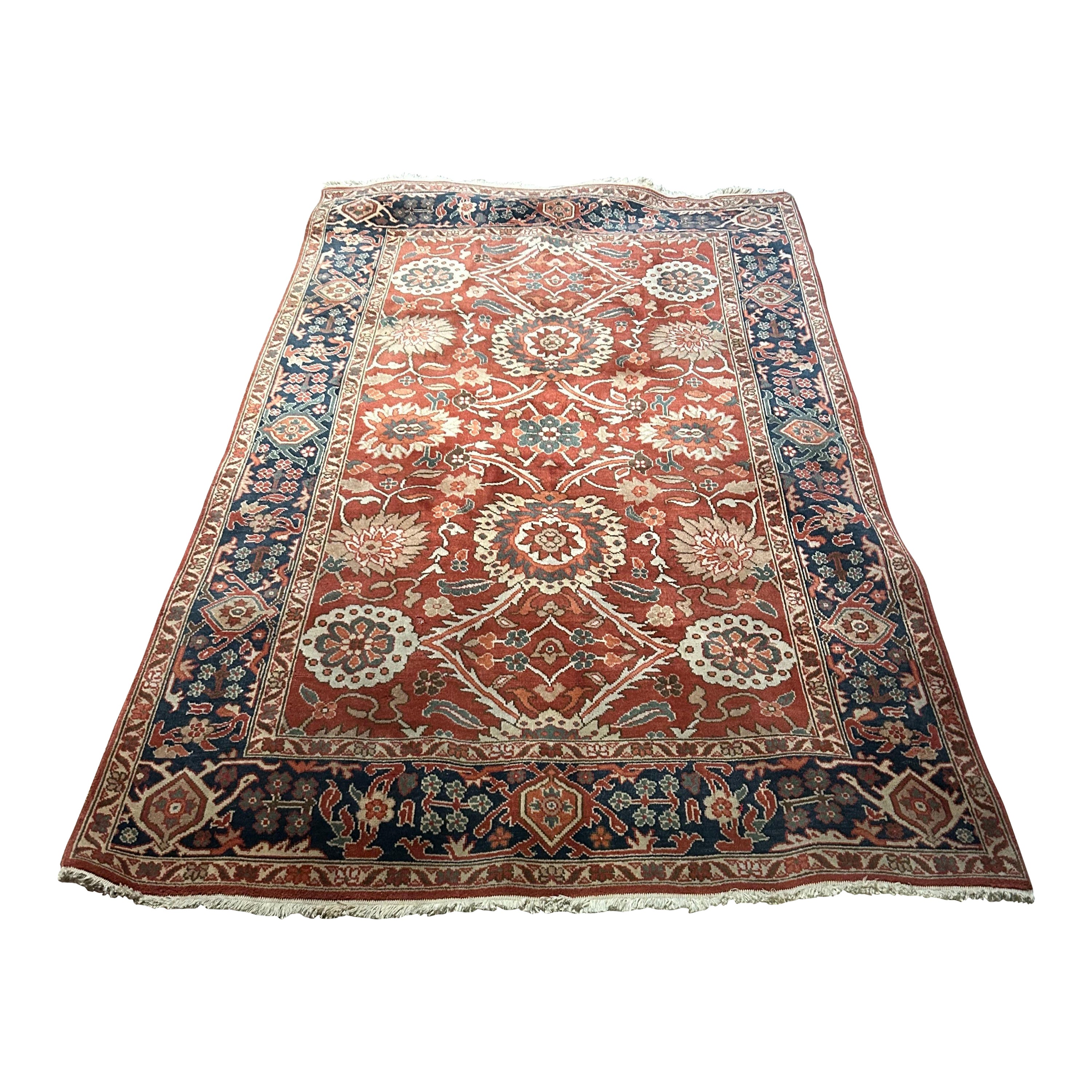 Vintage Agra Pure Wool Hand Knotted Rug In Rust Hues And Warm Tones For Sale