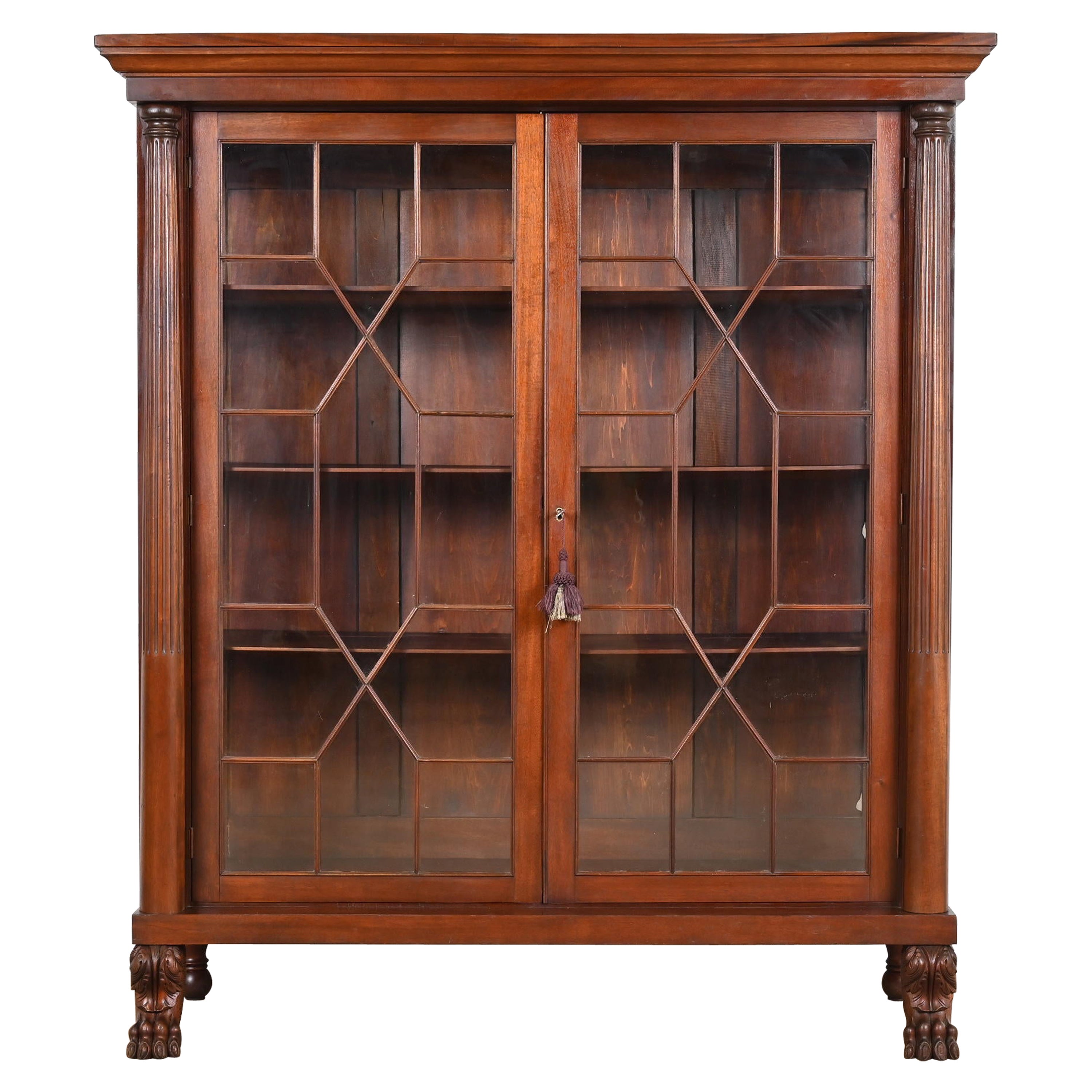 Antique American Empire Carved Mahogany Bookcase in the Manner of R.J. Horner For Sale