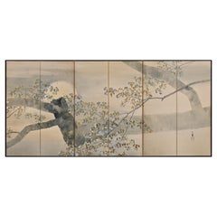 Antique Circa 1900 Japanese Screen. Cherry Blossoms in Moonlight. Meiji period.