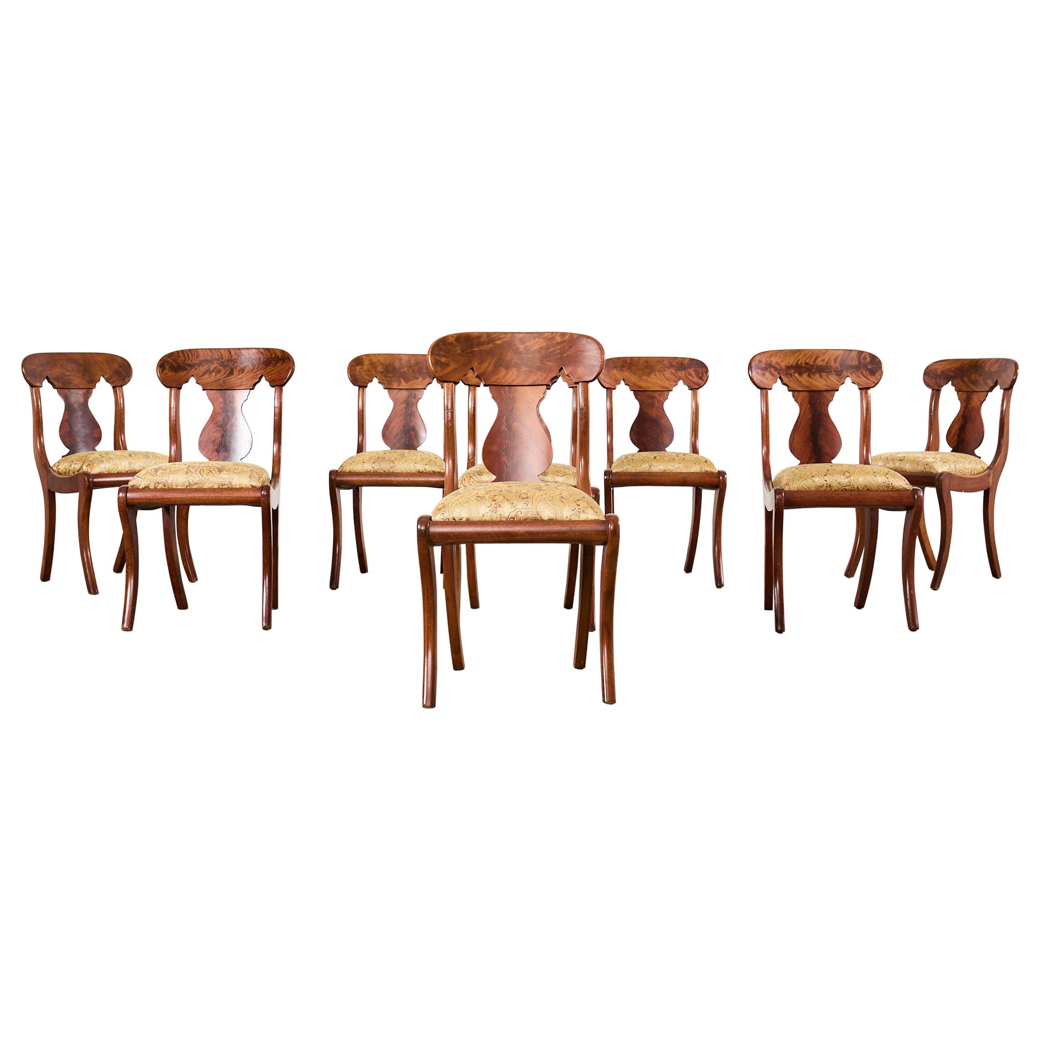 Set of Eight Empire Style Flame Mahogany Dining Chairs For Sale