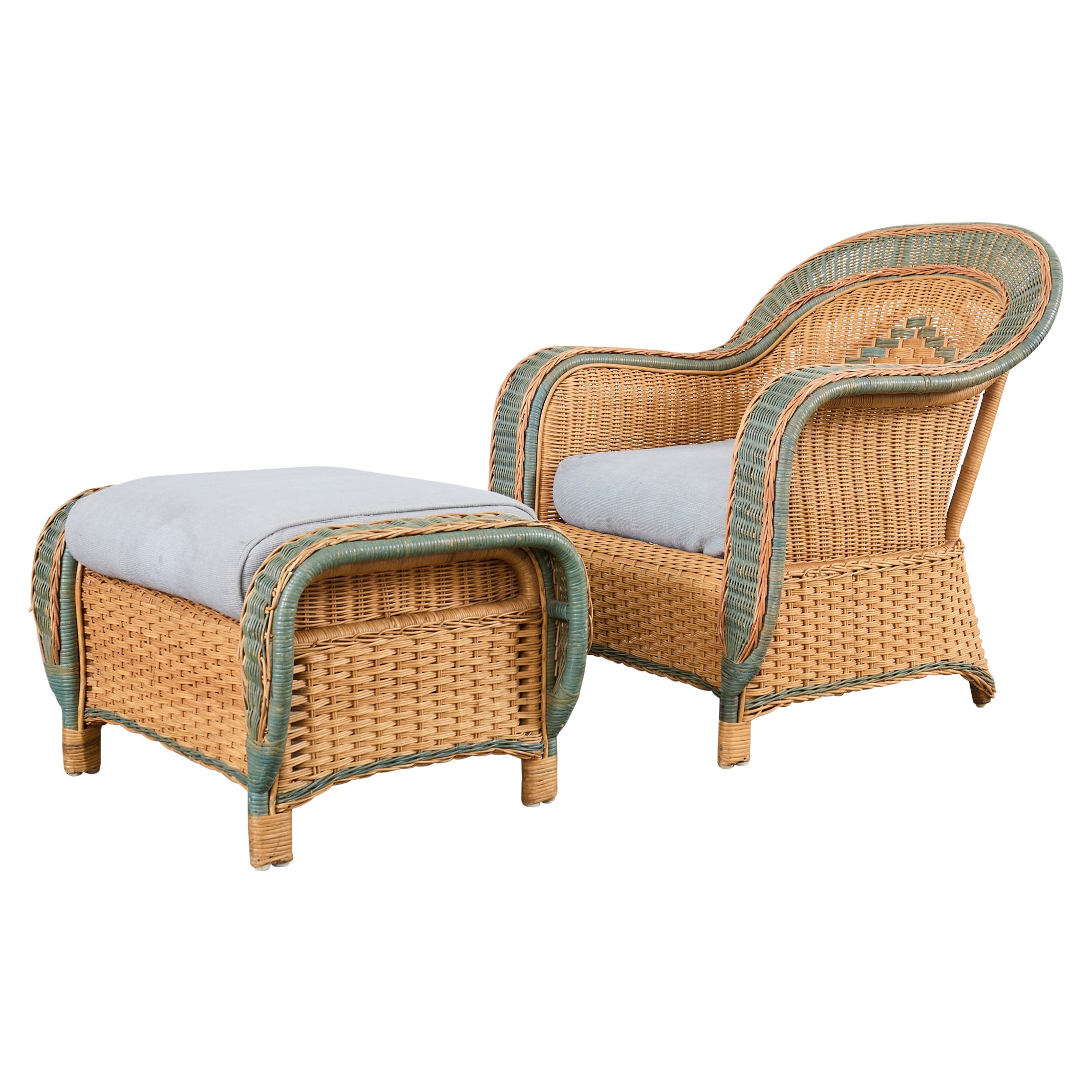 French Grange Style Rattan Wicker Lounge Chair and Ottoman For Sale