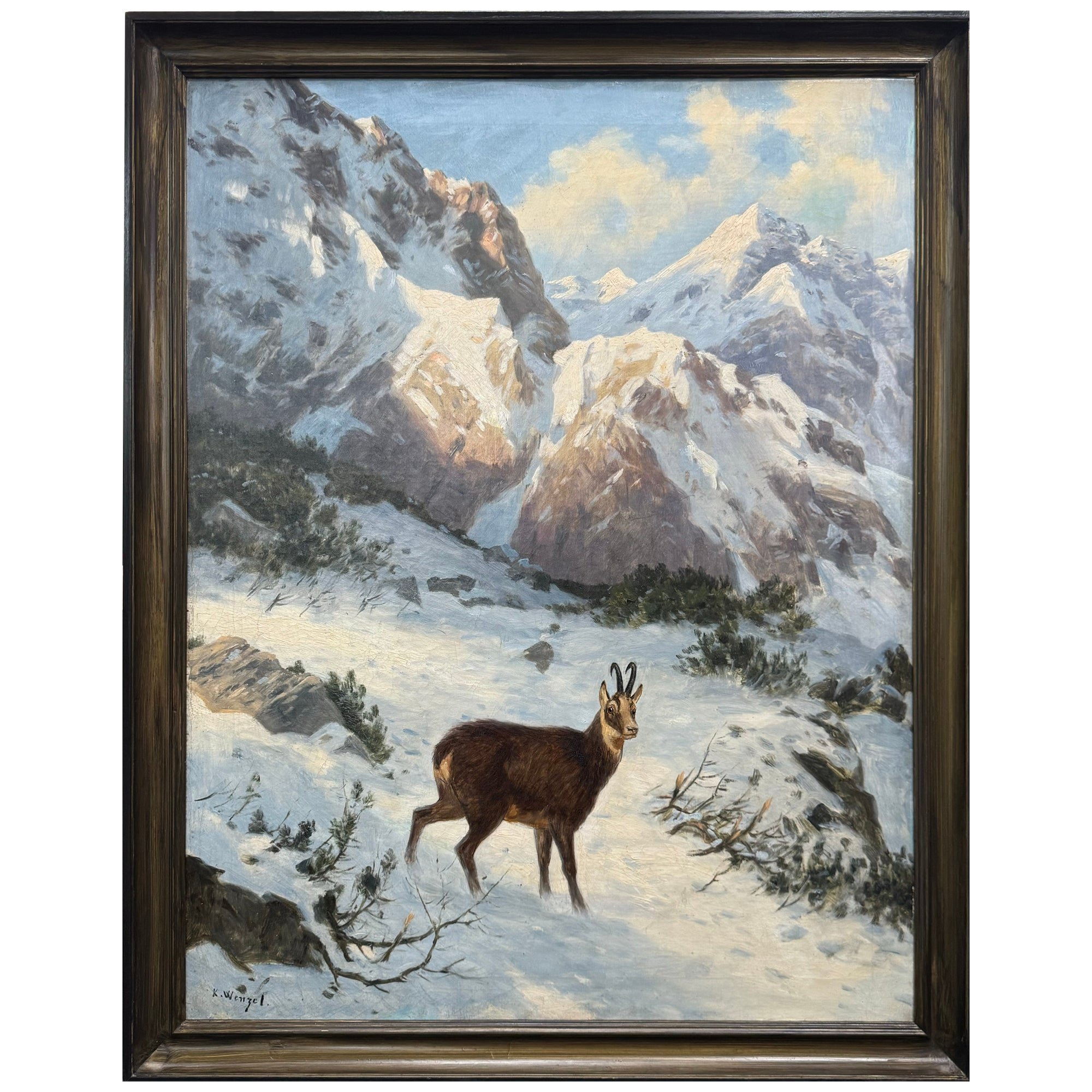 Grand Tableau de Karl Wenzel, Chamois sous la neige - Chasse - Montagne